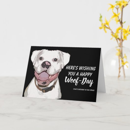 White Boxer Dog Birthday Card - Happy Wof Day Kaart (Gele Bloem)