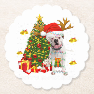 White Boxer Dog-kerstlampboom — Santa hat Kartonnen Onderzetters