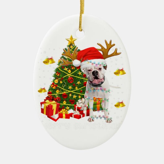 White Boxer Dog-kerstlampboom — Santa hat Keramisch Ornament (Voorkant)