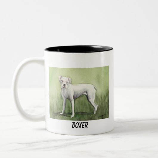 "White boxer"-Mok Dog Art Tweekleurige Koffiemok (Links)