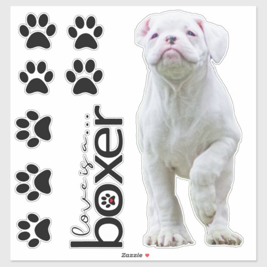 White Boxer Puppy en Dog Paw Stickers (Vel)