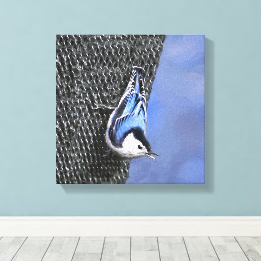 White-Breasted Nuthatch schilderende Originele Bir Canvas Afdruk (Insitu (Houten vloer))