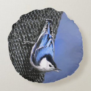 White-Breasted Nuthatch schilderende Originele Bir Rond Kussen
