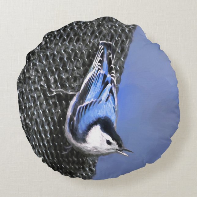 White-Breasted Nuthatch schilderende Originele Bir Rond Kussen (Achterkant)