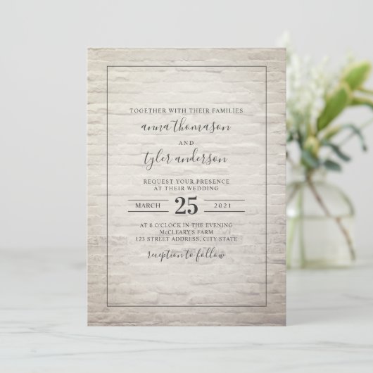 White Brick Black + White Wedding Kaart (Staand voorkant)