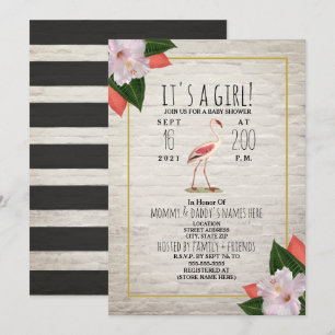 White Brick Flamingo Tropical Boho Baby shower Kaart