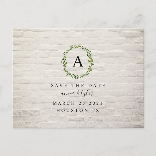 White Brick Monogram Wreath Wedding Save the Date Aankondigingskaart (Voorkant)