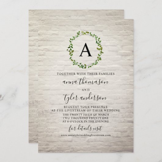 White Brick Wreath Monogram Virtuele bruiloft Kaart (Voorkant / Achterkant)