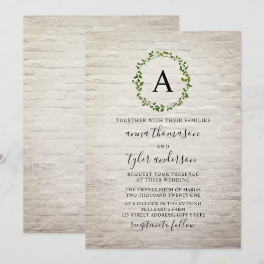 White Brick Wreath Monogram Wedding Kaart (Voorkant / Achterkant)