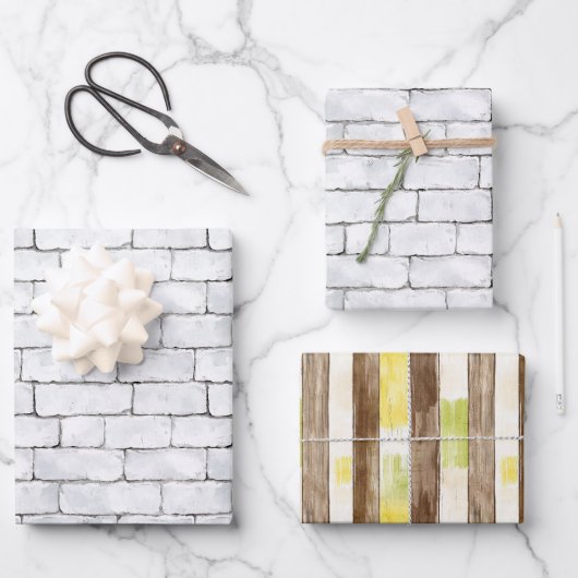 White Bricks Brown Lemon Yellow Green Stripes Inpakpapier Vel (Voorkant)