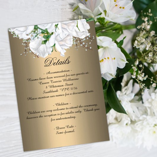 White Bridal Bouquet Rozen op Gold Wedding Informatiekaartje