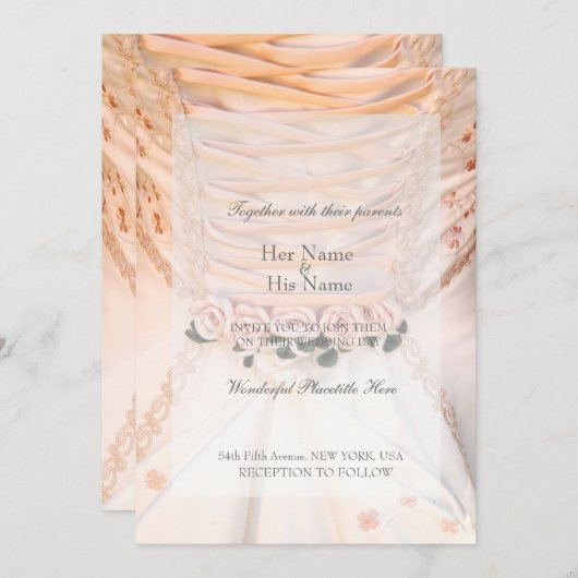 White Bridal Dress met Rozen bruiloft Kaart (Voorkant / Achterkant)