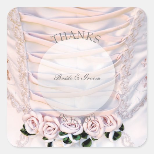 White Bridal Dress met Rozen bruiloft Vierkante Sticker (Voorkant)