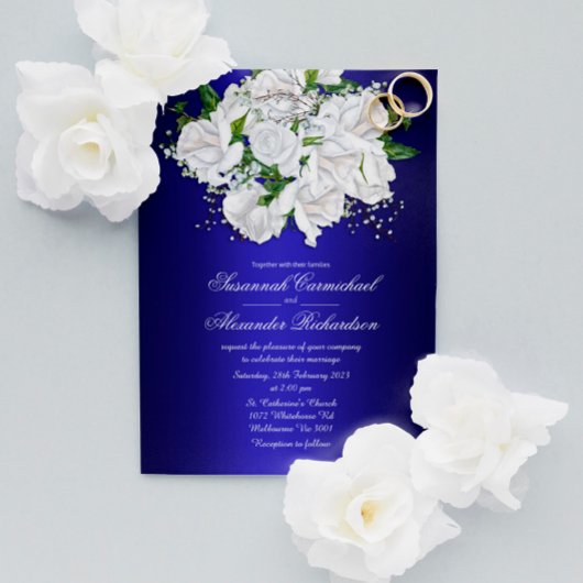 White Bridal Rozen op donkerblauwe bruiloft Briefkaart