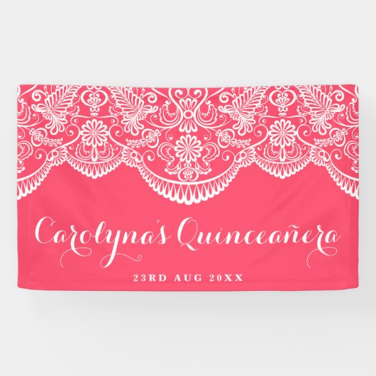 White Brocade Lace Pink Quinceañera Banner (Horizontaal)
