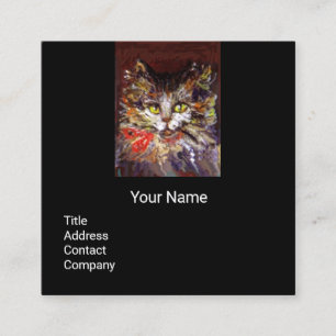 WHITE BROWN CAT-PORTRAIT, RED RIBBON Black Vierkante Visitekaartje