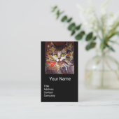 WHITE BROWN CAT-PORTRAIT, RED RIBBON Black Visitekaartje (Staand voorkant)