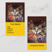 WHITE BROWN KITTY CAT-PORTRAIT, RED RIBBON Yellow Visitekaartje (Voorkant / Achterkant)
