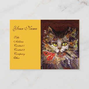 WHITE BROWN KITTY CAT-PORTRATRAT MET RODE RIBBON VISITEKAARTJE