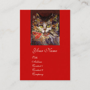 WHITE BROWN KITTY CAT-PORTRATRAT MET RODE RIBBON VISITEKAARTJE