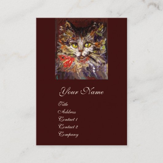 WHITE BROWN KITTY CAT-PORTRATRAT MET RODE RIBBON VISITEKAARTJE (Voorkant)