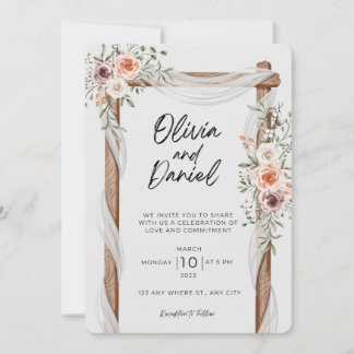 White Brown Rustic Floral Free Wedding Invitation Kaart