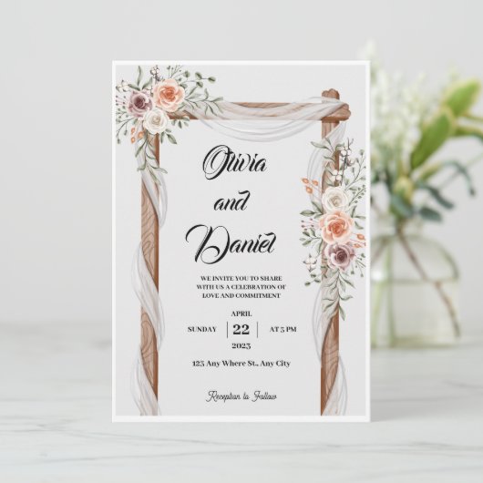 White Brown Rustic Floral Free Wedding Invitation Kaart (Staand voorkant)