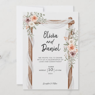 White Brown Rustic Floral Wedding Invitation Kaart