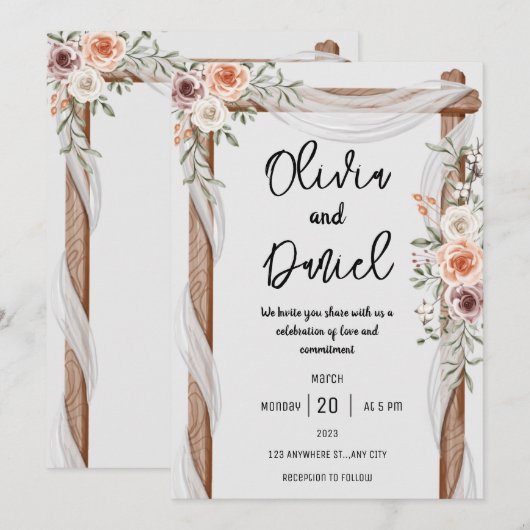 White Brown Rustic Floral Wedding Invitation Kaart (Voorkant / Achterkant)