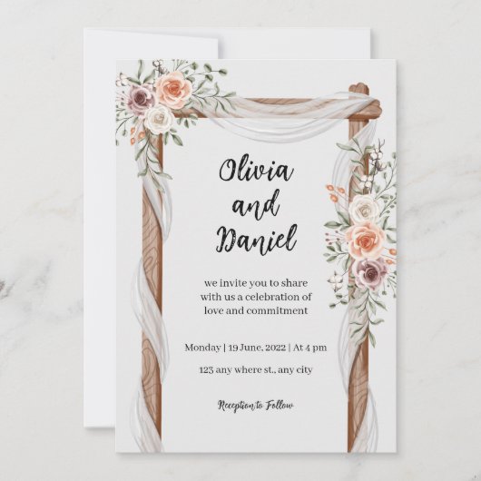 White Brown Rustic Floral Wedding Invitation Kaart (Voorkant)