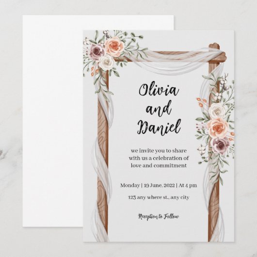 White Brown Rustic Floral Wedding Invitation Kaart (Voorkant / Achterkant)