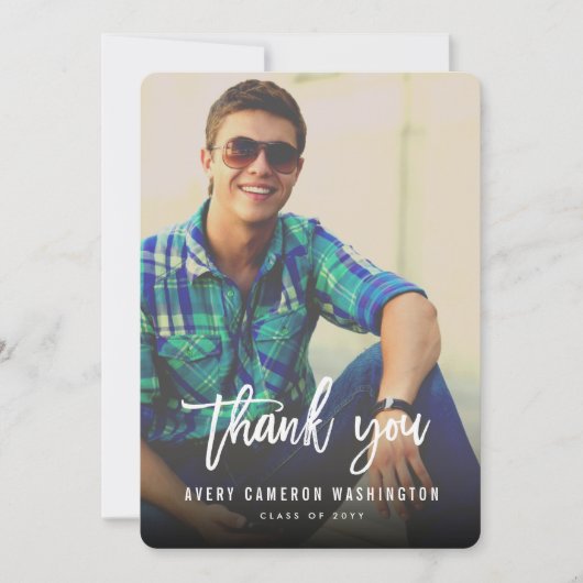 White Brush Script Calligraphy Photo Afstuderen Bedankkaart (Voorkant)