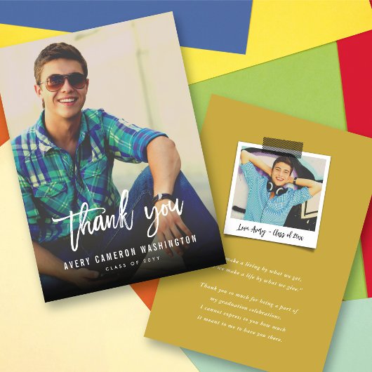 White Brush Script Calligraphy Photo Afstuderen Bedankkaart