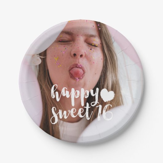 White Brush Script Happy Sweet 16 Photo Papieren Bordje (Voorkant)