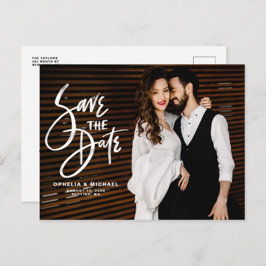 White Brush Script Typography Foto De datum opslaa Aankondigingskaart (Voorkant / Achterkant)