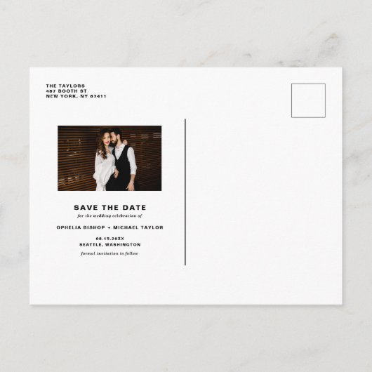 White Brush Script Typography Foto De datum opslaa Aankondigingskaart (Achterkant)