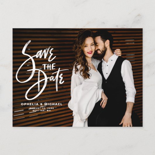 White Brush Script Typography Foto De datum opslaa Aankondigingskaart (Voorkant)