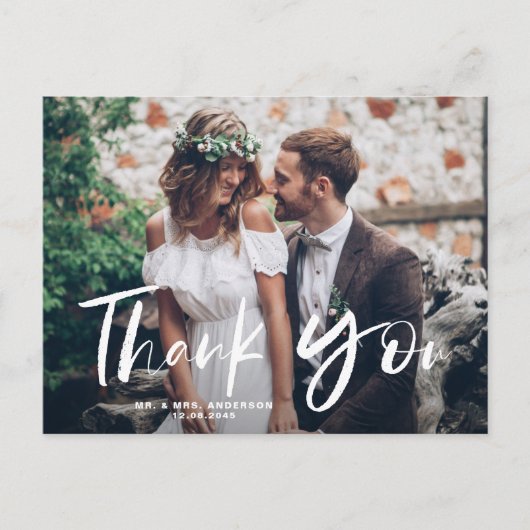 White Brushand Lettered Photo Wedding Dankuwel Briefkaart (Voorkant)