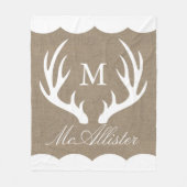 White Buck Antlers Burlap White Border Familienaam Fleece Deken (Voorkant)