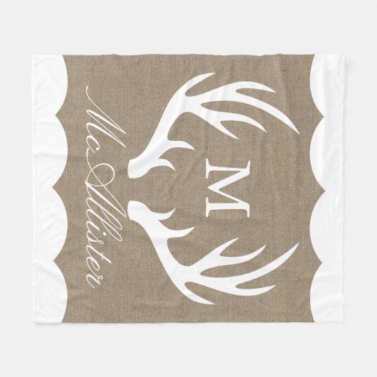 White Buck Antlers Burlap White Border Familienaam Fleece Deken (Voorkant (Horizontaal))