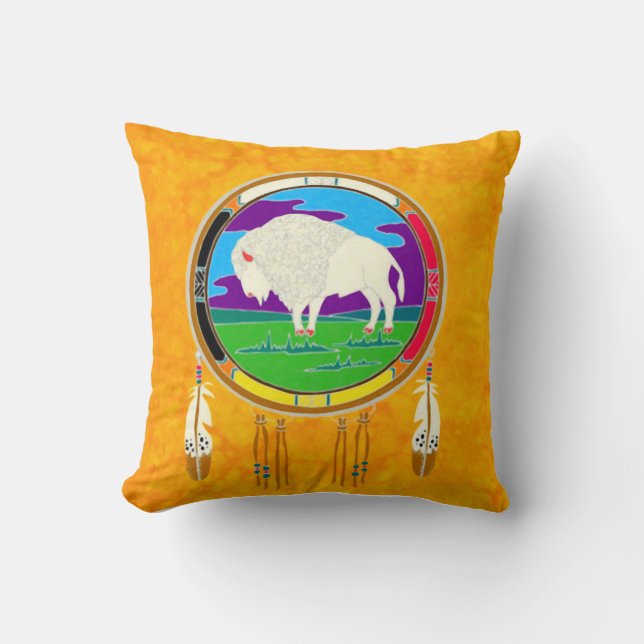 White Buffalo Native American Square Pillow Kussen (Voorkant)