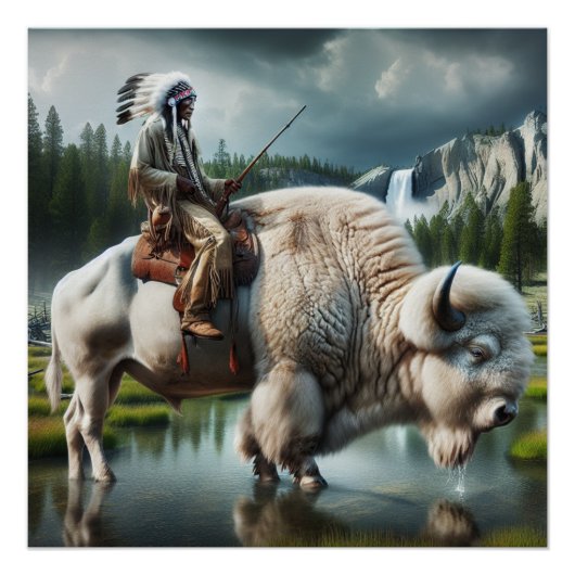 White Buffalo Yellowstone Park met Indiase kunst Perfect Poster (Voorkant)