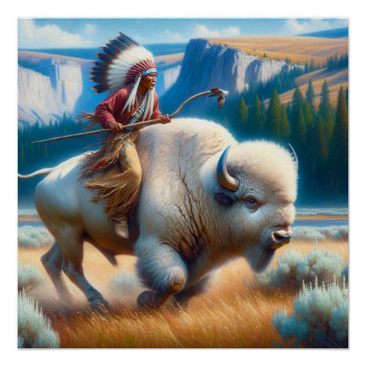 White Buffalo Yellowstone Park met Indiase kunst Perfect Poster (Voorkant)