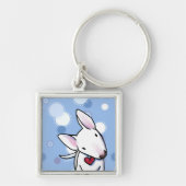 White Bull Terrier op Blue Stippen Sleutelhanger (Voorkant)