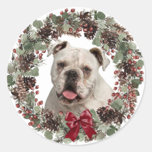 White Bulldog Pinecone Wreater Kerstmis Ronde Sticker