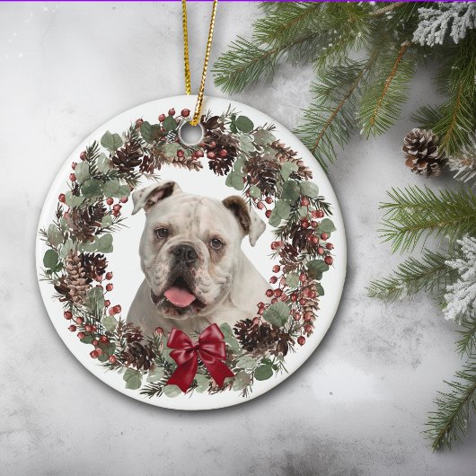 White Bulldog Pinecone Wreath Personalized Keramisch Ornament