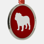 White Bulldog Silhouette op Red Kerstfeestdag Metalen Ornament (Rechts)