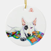 White Bullterrier op Patchwork - Kunst Keramisch Ornament (Voorkant)