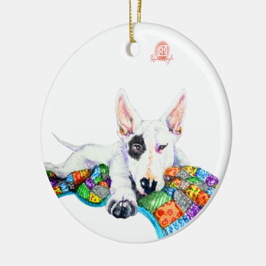 White Bullterrier op Patchwork - Kunst Keramisch Ornament (Links)
