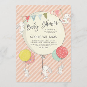 White Bunnies and Balloons Baby Girl Baby shower Kaart